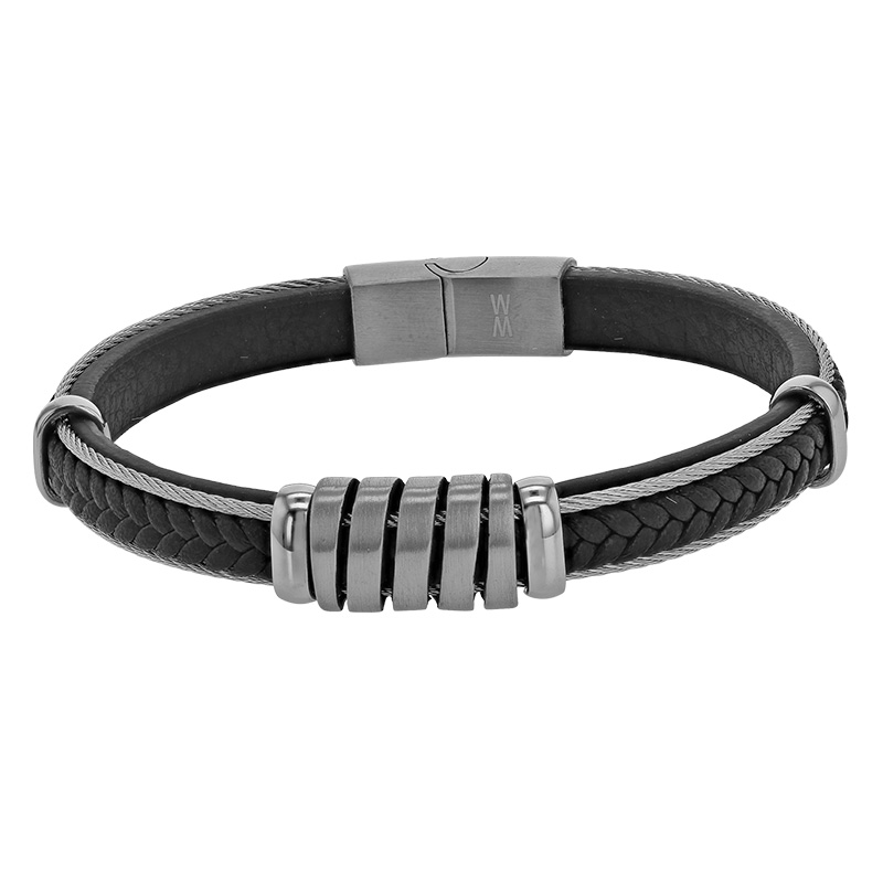 Bracelet câble en cuir de bovin tressé noir et motif en acier