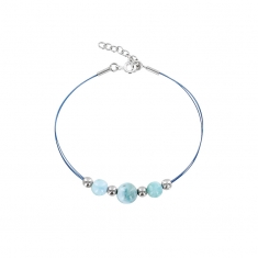 Bracelet câble et nylon bleu avec 3 pierres rondes Larimar et argent 925/1000 rhodié