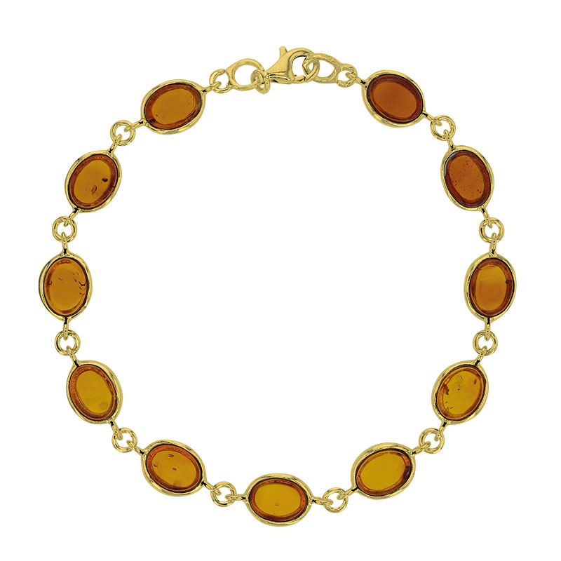 Bracelet cabochon plat ambre cognac et argent 925/1000 rhodié