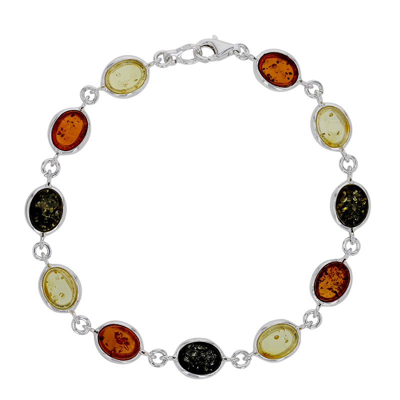 Bracelet cabochon plat ambre cognac et argent 925/1000 rhodié
