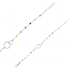 Bracelet cercle et coeur entrelacés, chaîne boules émail de couleurs, argent 925/1000