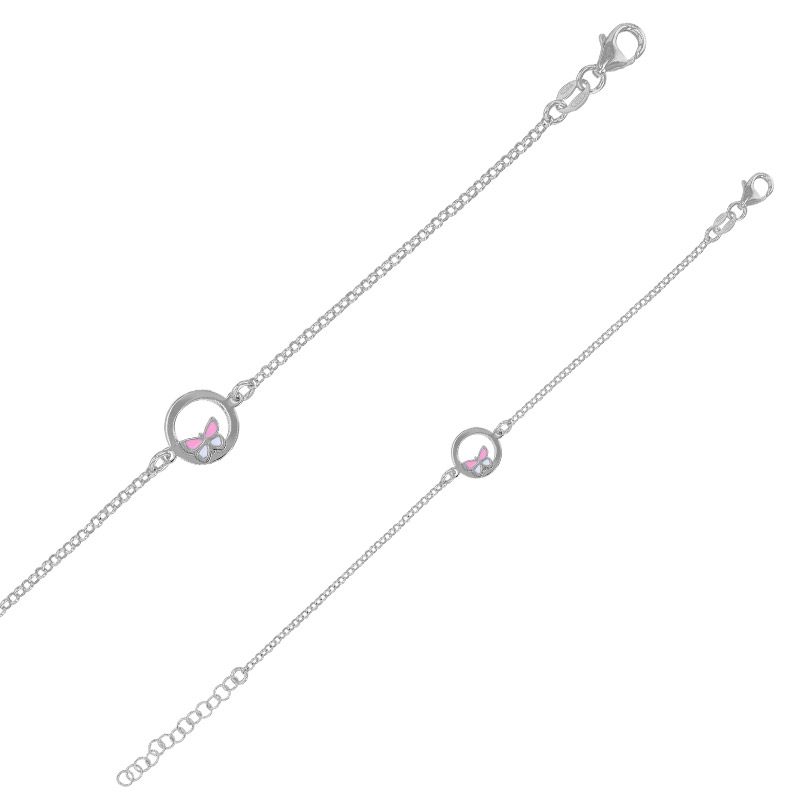 Bracelet cercle papillon émail rose et blanc en argent 925/1000 rhodié