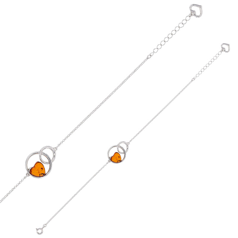 Bracelet cercles entrelacés argent 925/1000 rhodié orné d'un coeur en ambre