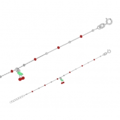 Bracelet cerise pampille, boules émaillées rouge, argent 925/1000 rhodié