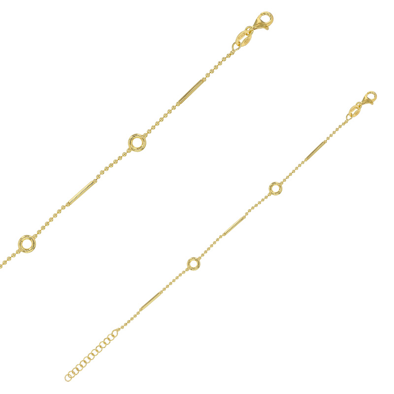 Bracelet chaîne boules, cylindres, 2 ronds ajourés, argent 925/1000 doré