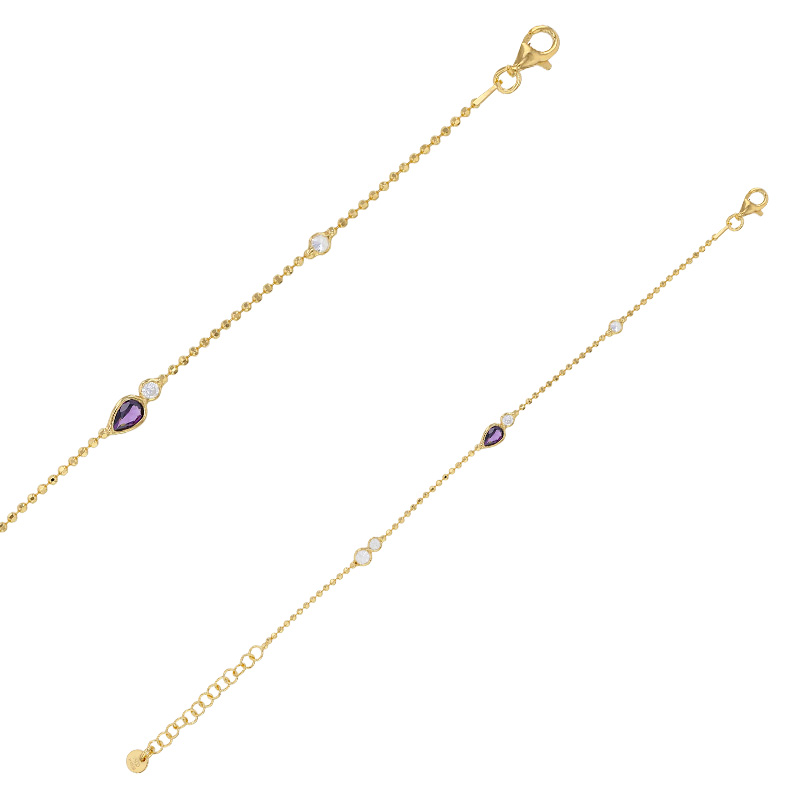 Bracelet chaîne boules rondes oxydes goutte oxyde de couleur améthyste, argent 925/1000 doré