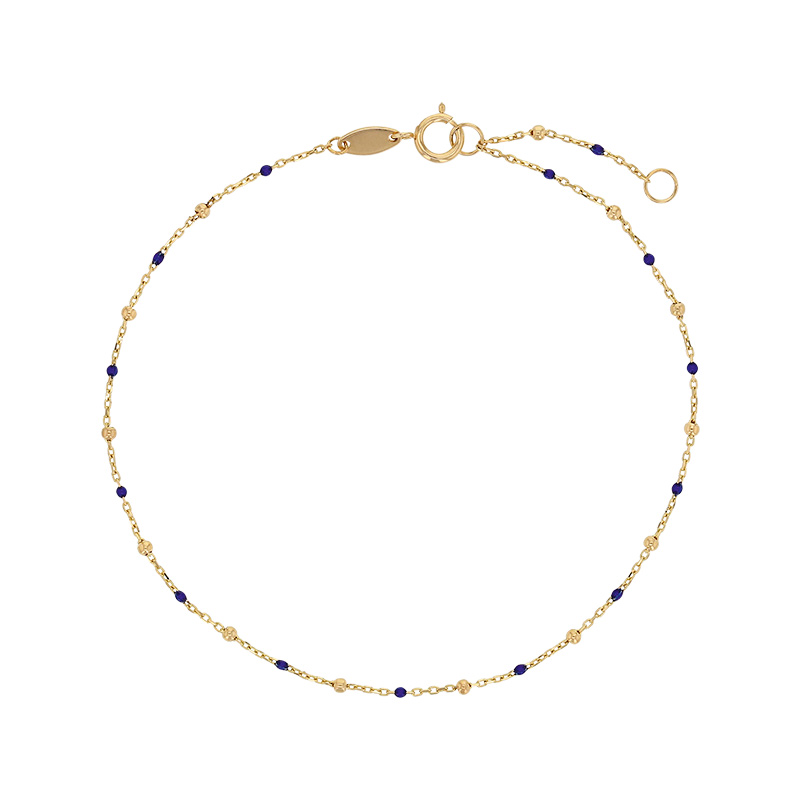 Bracelet chaîne forçat avec petites perles et émail bleu, Or 750/1000