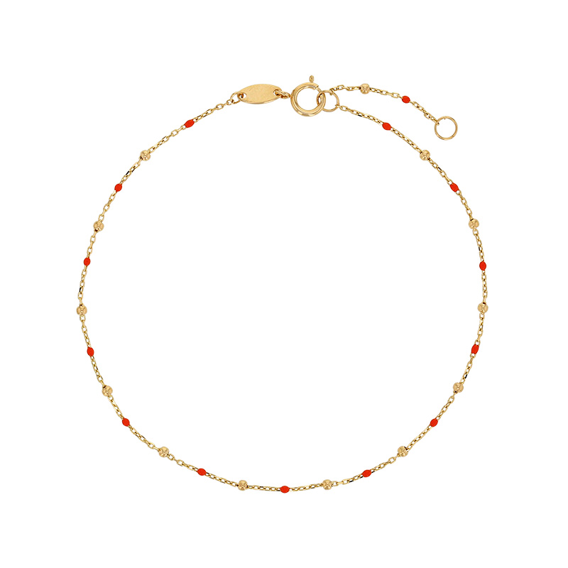 Bracelet chaîne forçat avec petites perles et émail orange, Or 750/1000