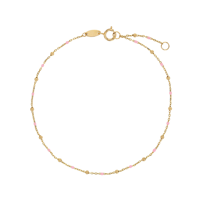 Bracelet chaîne forçat avec petites perles et émail rose pâle, Or 750/1000