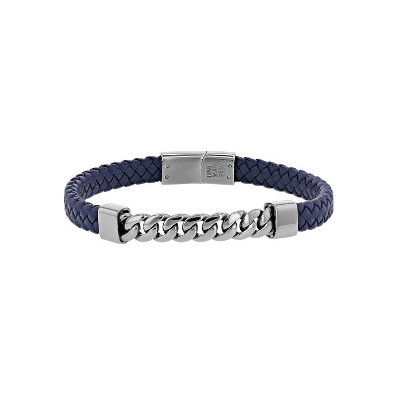Bracelet chaîne gourmette acier et cuir de bovin tressé bleu marine