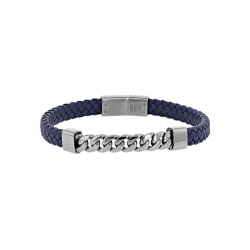 Bracelet chaîne gourmette acier et cuir de bovin tressé bleu marine