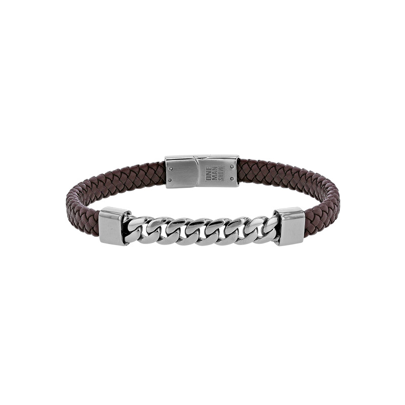 Bracelet chaîne gourmette acier et cuir de bovin tressé marron