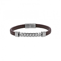 Bracelet chaîne gourmette acier et cuir de bovin tressé marron
