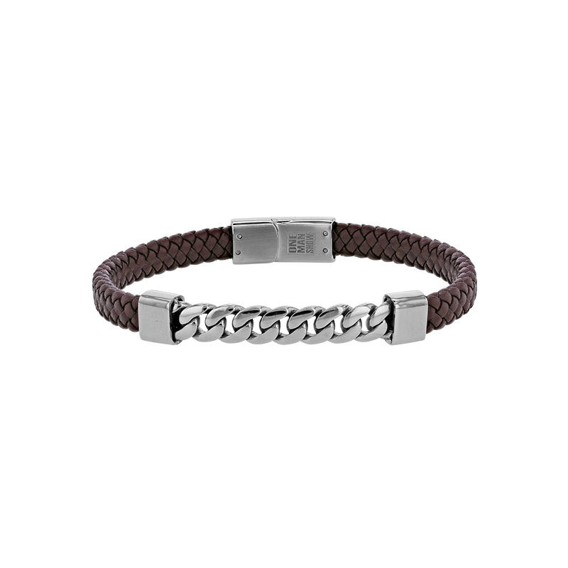 Bracelet chaîne gourmette acier et cuir de bovin tressé noir