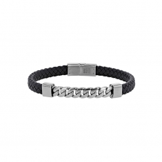 Bracelet chaîne gourmette acier et cuir de bovin tressé noir