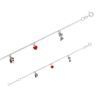 Bracelet chiot, coeur et chaton émaillés en pampilles, argent 925/1000 rhodié