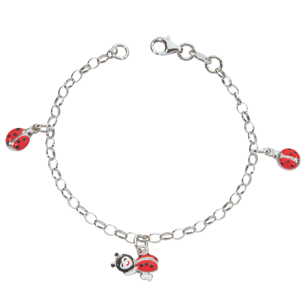 Bracelet coccinelles pampilles émaillées rouge, argent 925/1000 rhodié