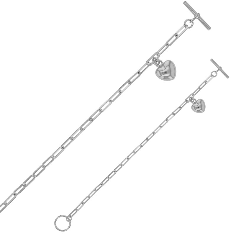 Bracelet coeur bombé, maille rectangle arrondi, fermoir cercle/barre argent 925/1000 platiné
