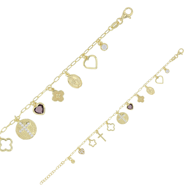 Bracelet coeur croix, rond étoile en pampilles argent 925/1000 doré