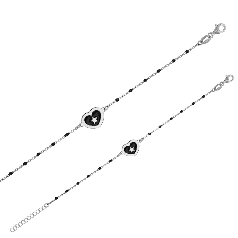 Bracelet coeur en émail noir et étoile, chaîne boules noires, argent 925/1000 platiné