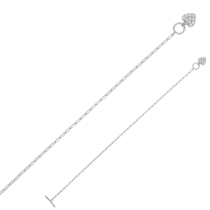 Bracelet coeur oxydes maille forçat allongée, fermoir cercle/barre argent 925/1000 rhodié