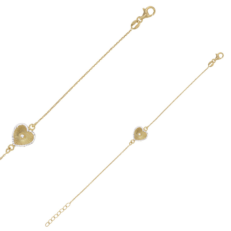 Bracelet coeur strié bicolore, argent 925/1000 doré