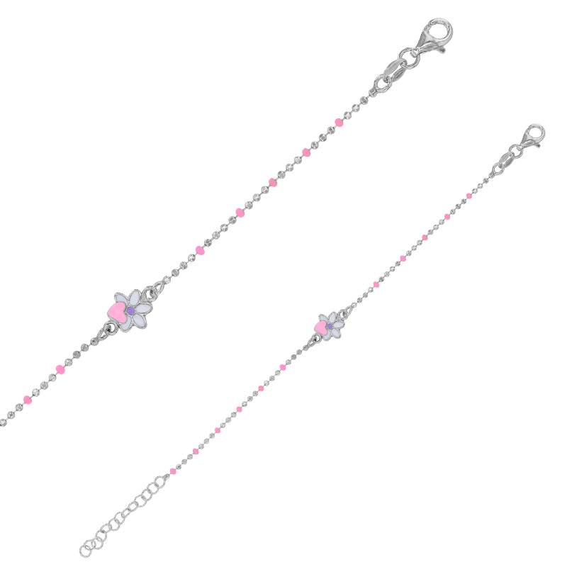 Bracelet coeur sur fleur émail rose violet, argent 925/1000 rhodié