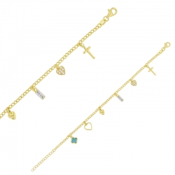 Bracelet coeurs, croix, fleurs en pampilles oeil de chat et oxydes en argent 925/1000 doré