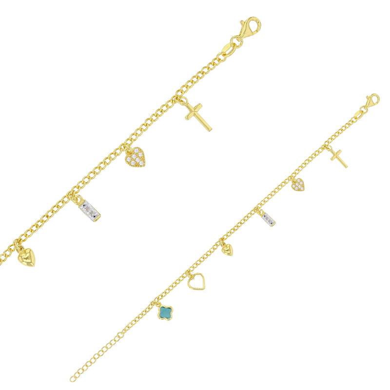 Bracelet coeurs, croix, fleurs en pampilles oeil de chat et oxydes en argent 925/1000 doré
