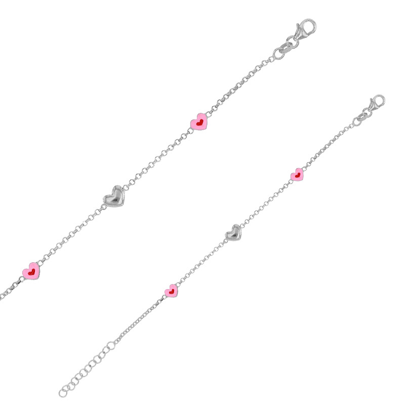 Bracelet 3 coeurs émail rose rouge et argent 925/1000 rhodié