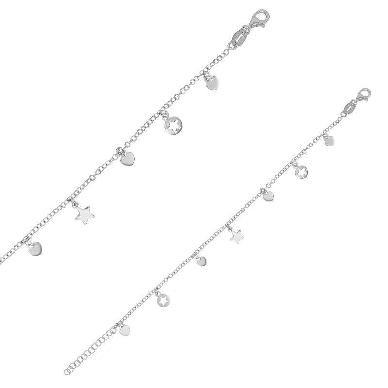 Bracelet coeurs et étoiles en pampilles, argent 925/1000 rhodié