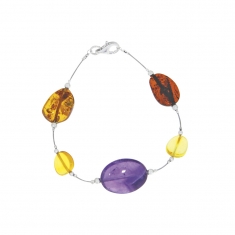 Bracelet composé d'ambre, d'améthyste reconstituée et d'argent rhodié 925/1000
