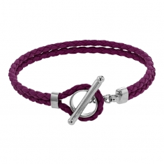 Bracelet cordon à deux rangs tressés en cuir de bovin rouge avec fermoir T en argent 925/1000 rhodié