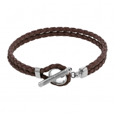 Bracelet cordon à deux rangs tressés en cuir de bovin rouge avec fermoir T en argent 925/1000 rhodié