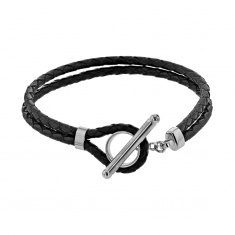 Bracelet cordon à deux rangs tressés en cuir de bovin rouge avec fermoir T en argent 925/1000 rhodié