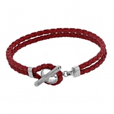 Bracelet cordon à deux rangs tressés en cuir de bovin rouge avec fermoir T en argent 925/1000 rhodié