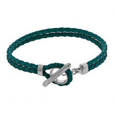 Bracelet cordon à deux rangs tressés en cuir de bovin rouge avec fermoir T en argent 925/1000 rhodié