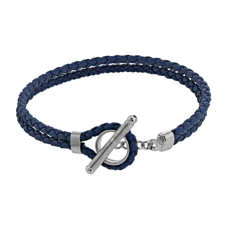 Bracelet cordon à deux rangs tressés en cuir de bovin rouge avec fermoir T en argent 925/1000 rhodié