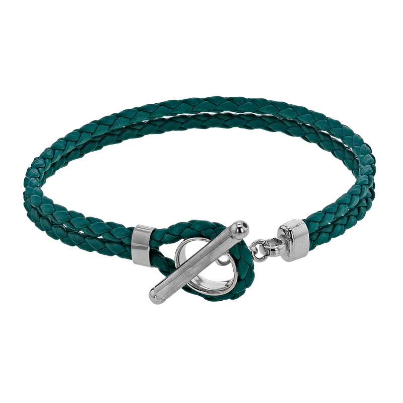 Bracelet cordon à deux rangs tressés en cuir de bovin rouge avec fermoir T en argent 925/1000 rhodié