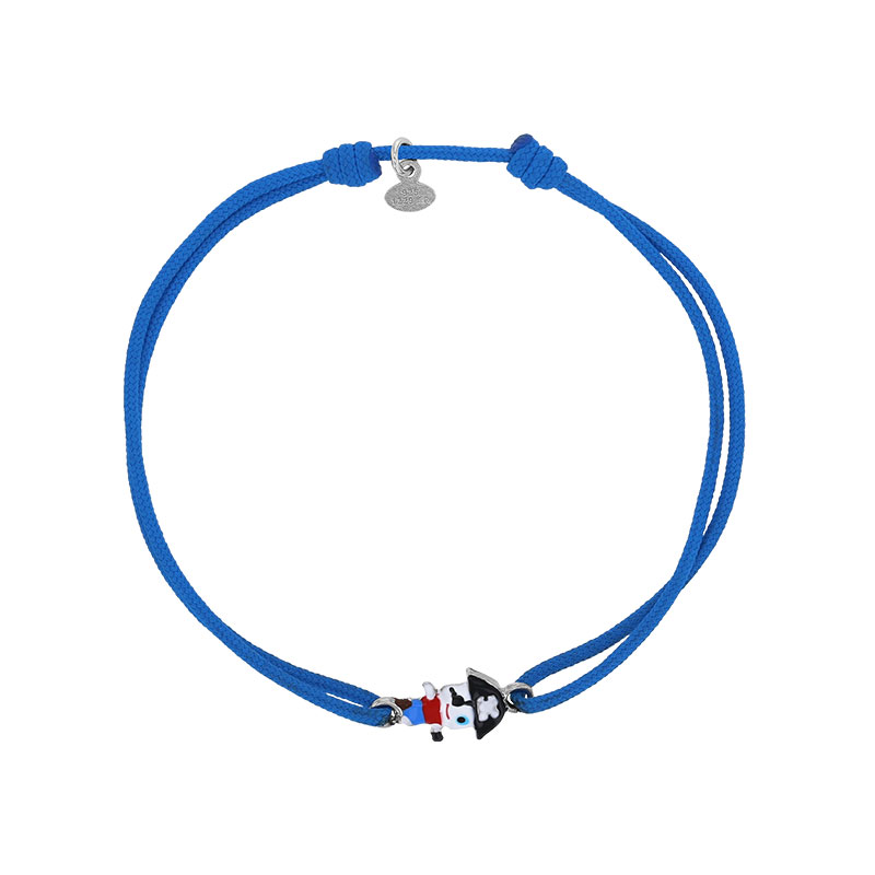 Bracelet cordon bleu, motif pirate avec émail, argent 925/1000 rhodié