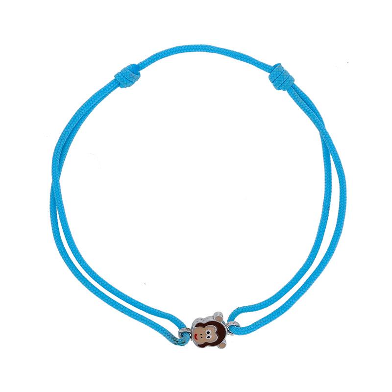 Bracelet cordon bleu, motif tête de singe avec émail, argent 925/1000 rhodié