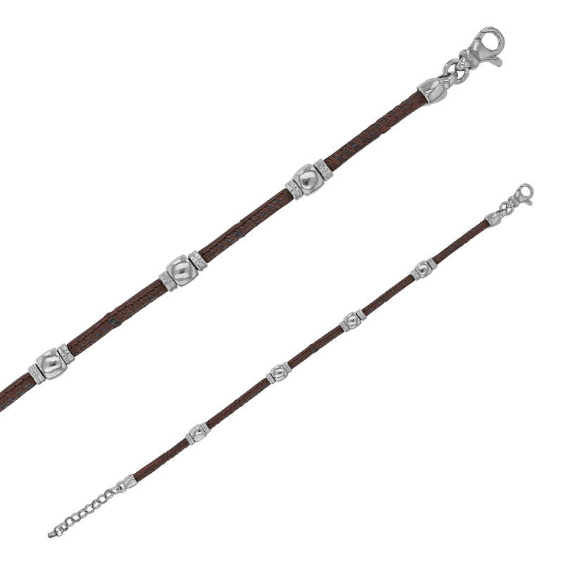 Bracelet cordon cuir de bovin marron, argent 925/1000 platiné