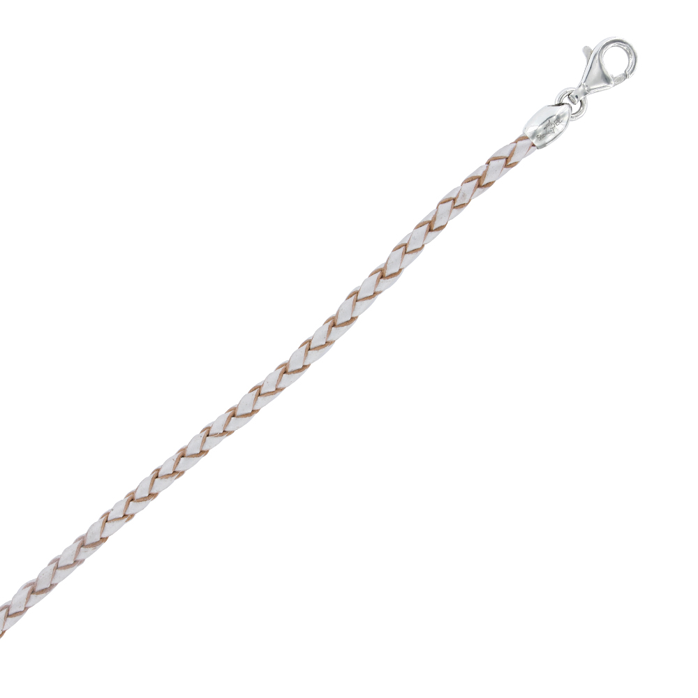 Bracelet cordon cuir de bovin tressé blanc perle irisé avec fermoir à vis argent 925/1000 rhodié