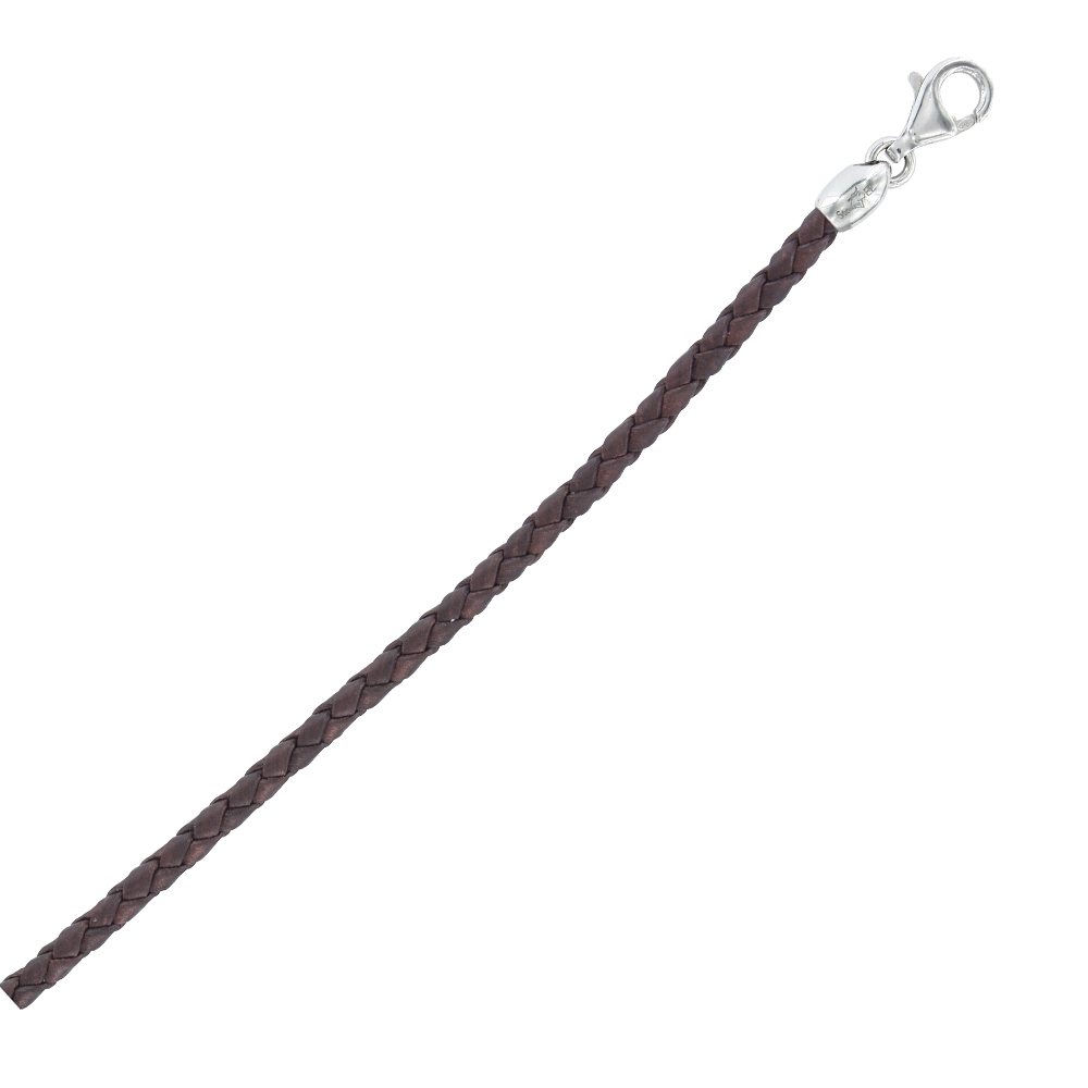 Bracelet cordon cuir de bovin tressé chocolat avec fermoir à vis argent 925/1000 rhodié