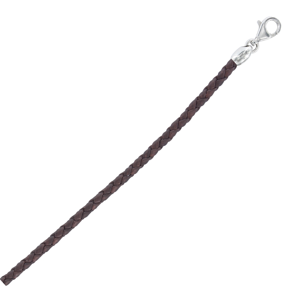 Bracelet cordon cuir de bovin tressé chocolat avec fermoir à vis argent 925/1000 rhodié