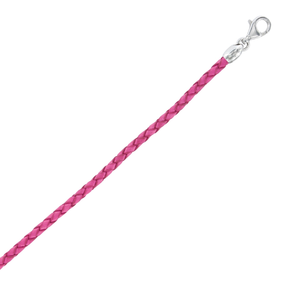 Bracelet cordon cuir de bovin tressé fuchsia avec fermoir à vis argent 925/1000 rhodié