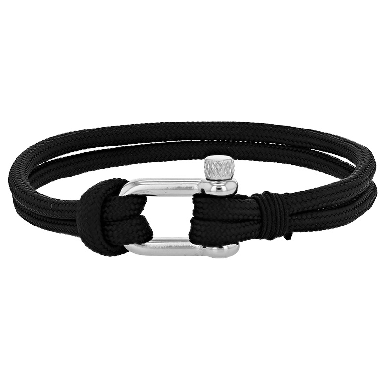 Bracelet cordon en nylon noir double rang avec fermoir en acier à vis