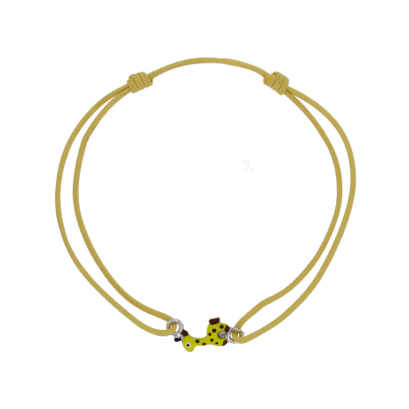 Bracelet cordon jaune, girafe avec émail, argent 925/1000 rhodié