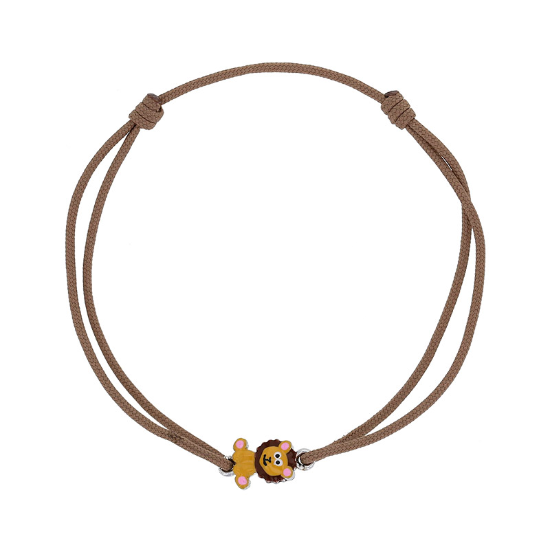 Bracelet cordon marron, motif lion en émail et argent 925/1000 rhodié