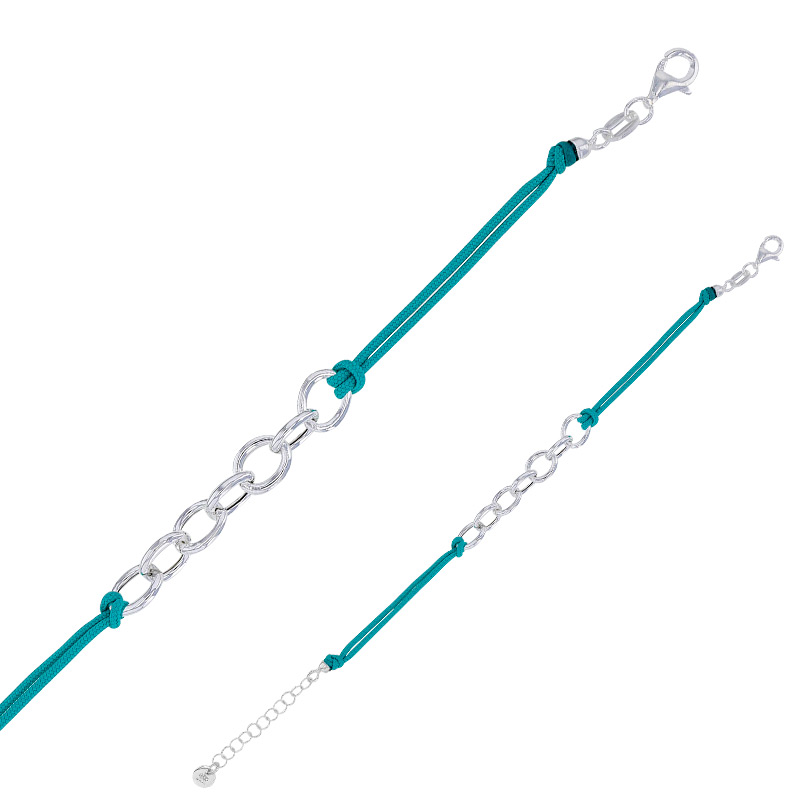 Bracelet cordon nylon bleu turquoise, anneaux et fermoir argent 925/1000